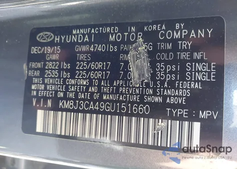 2016 Hyundai Tucson Se из США, поврежденный, VIN KM8J3CA49GU151660